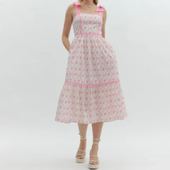 Effortless Printed Tiered Midi Dress - Square Neck with Tie Shoulder