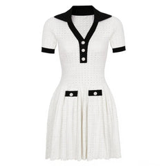 Contrast Trim Button Knit Collar Mini Dress