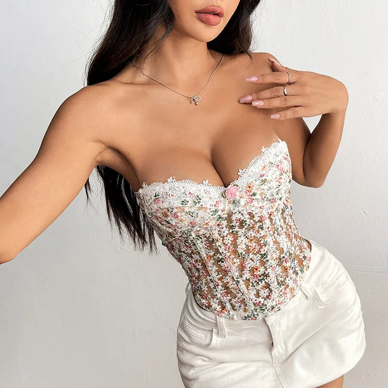 Flower Embroidery See Through Corset Top