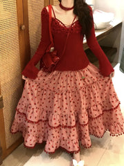 Red Strawberry Print Tassel Long Skirt - Sweet Ball Gown A-Line