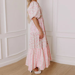 Pink Floral Patchwork Smocked Square Neck Short Puff Sleeve Maxi Dress