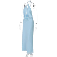 Blue Halter Drape Top And Maxi Skirt Set