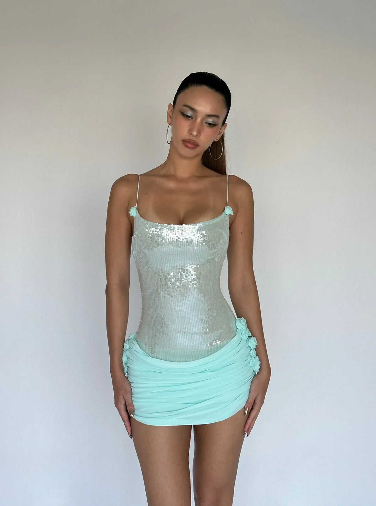 Green Sequin Strap Pleated Flower Mini Dress