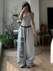 Grey Baggy Slit Patchwork Sweatpants&nbsp;