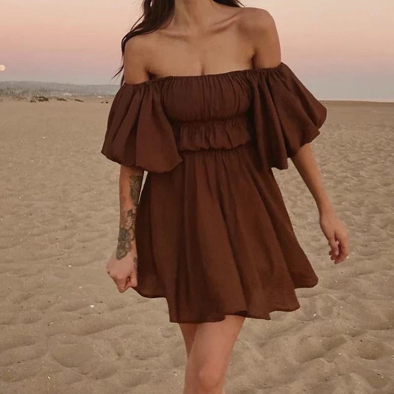 Off-shoulder Ruched A-line Mini Dress - Bohemian Regular Fit