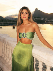 Green Tassel Bralette Set â€?Layered Maxi Skirt