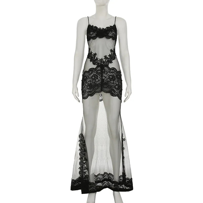 Mesh Lace Patchwork Spaghetti Strap Midi Dress