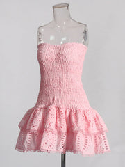 Ruched Strapless Embroidered Frill Mini Dress