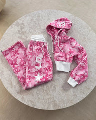 Camouflage Zipper Crop Hoodie, Tube Top, And Shorts, Sweatpants Set