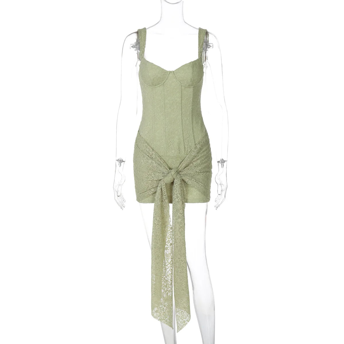 Lace Sheer Bandage Tie Up Mini Dress