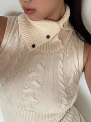 Knit Turtleneck Buttoned Tank Top With Removable Sleeve