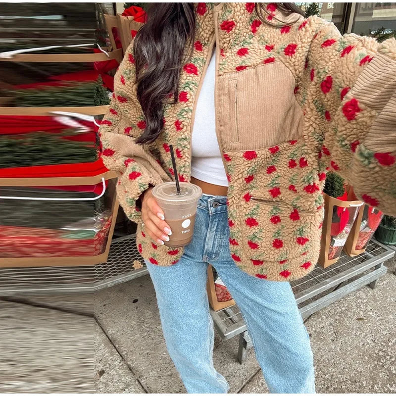 Printed Plush Zipper Short Jacket