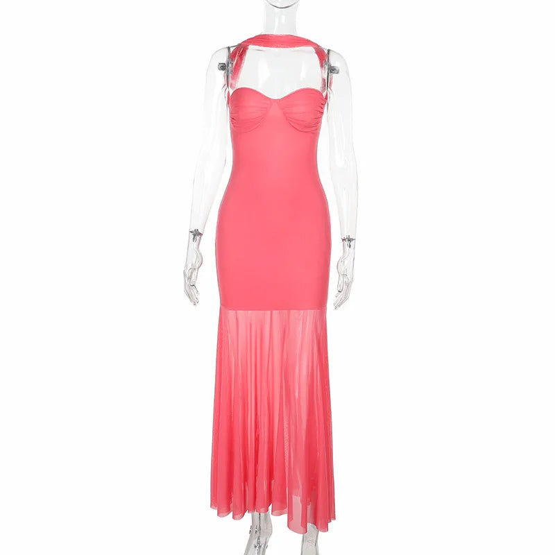 Pink Strapless Sheer Halter Long Dress