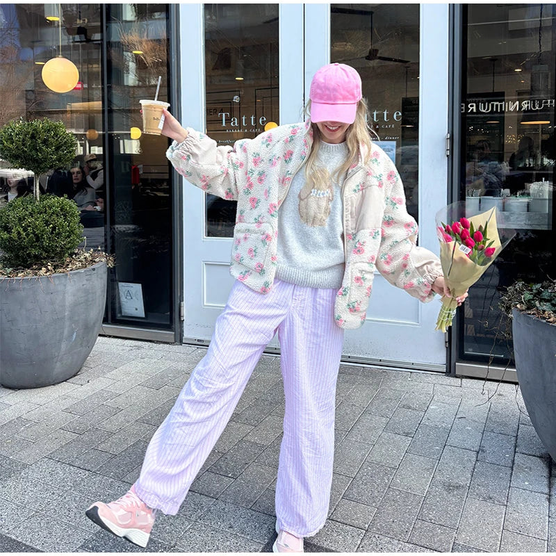 Printed Plush Zipper Short Jacket
