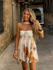 Ruffles Sleeveless Printed Scarf Collar Mini Dress