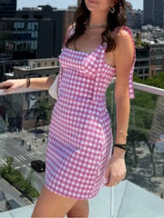 Checkered Tie Up Straight Mini Dress