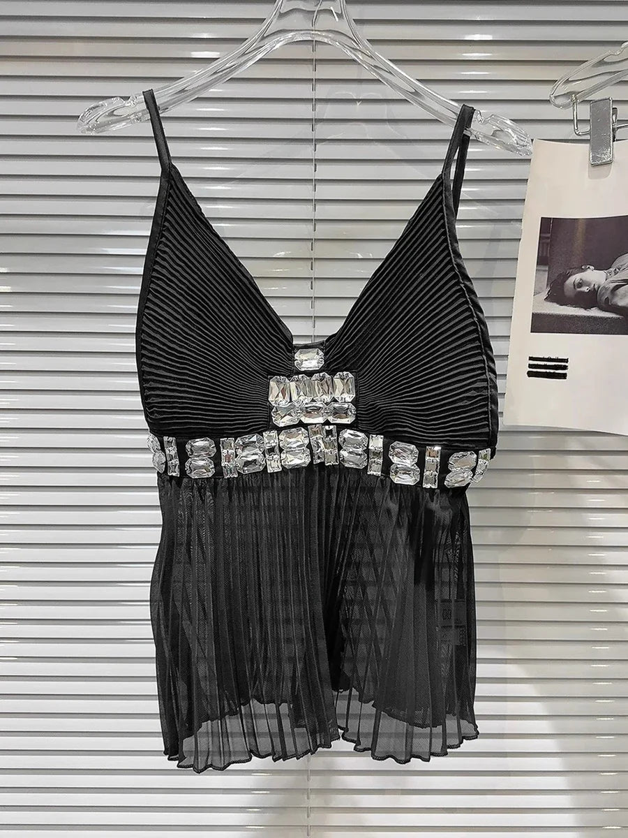 Beaded V-Neck Pleated Top