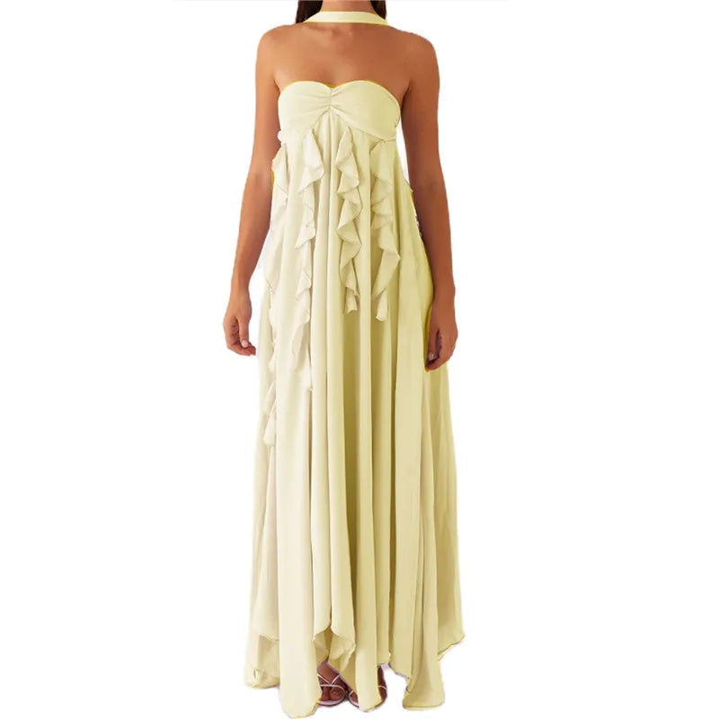 Ruffle Trim Sleeveless A-line Long Dress - Beach Style