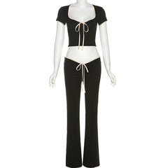 Black Ribbon Tie-Up Top And Pants Two Piece Set