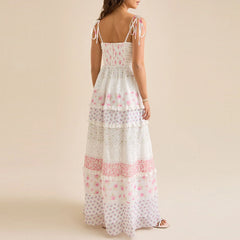 Whimsical Floral Patchwork Tiered Maxi Dress - Spaghetti Strap Summer Gown