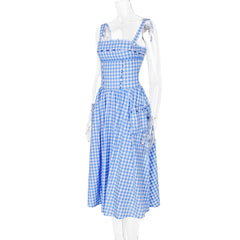 Blue Gingham Strap Midi Dress
