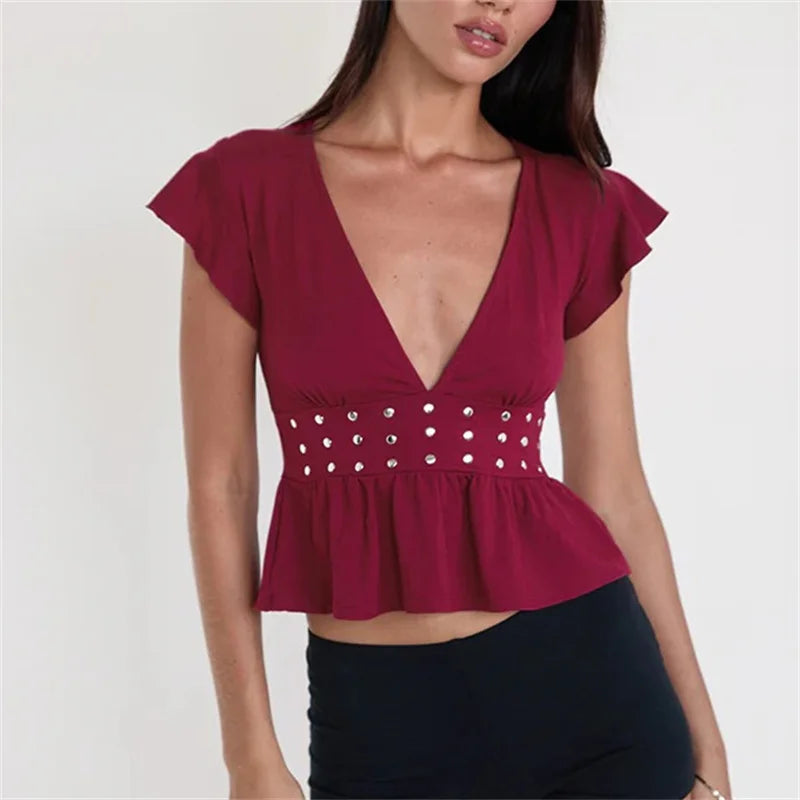 Studded Frill Sleeve Deep V Neck Top