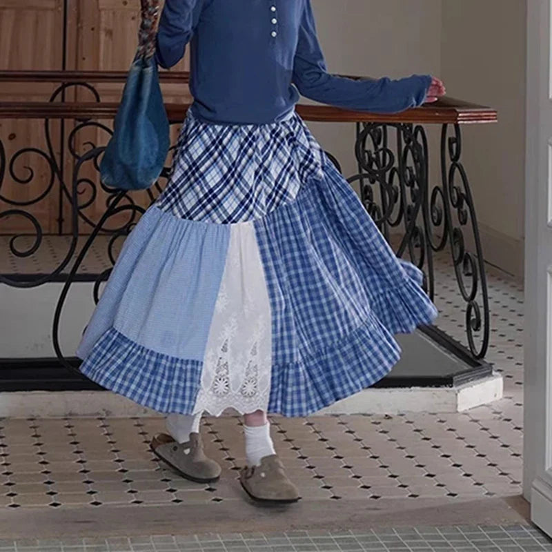 Plaid Patchwork Midi Skirt - Streetwear A-Line