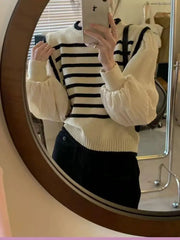 Black & White Striped Knit Patchwork Sleeve Pullover