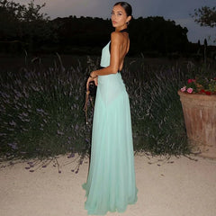Contrast Trim Blue V-Neck Maxi Dress
