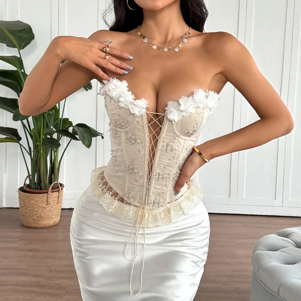 3D Flower Bandeau Cross Tie-up Corset Top
