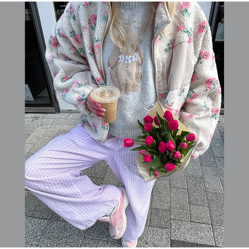 Printed Plush Zipper Short Jacket