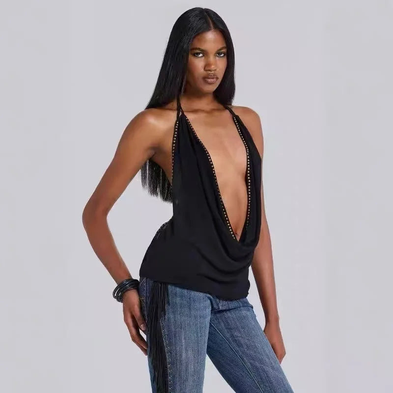 Black Deep V-neck Open Back Top