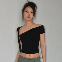 Asymmetric Strap Buckle Sleeve Crop Top