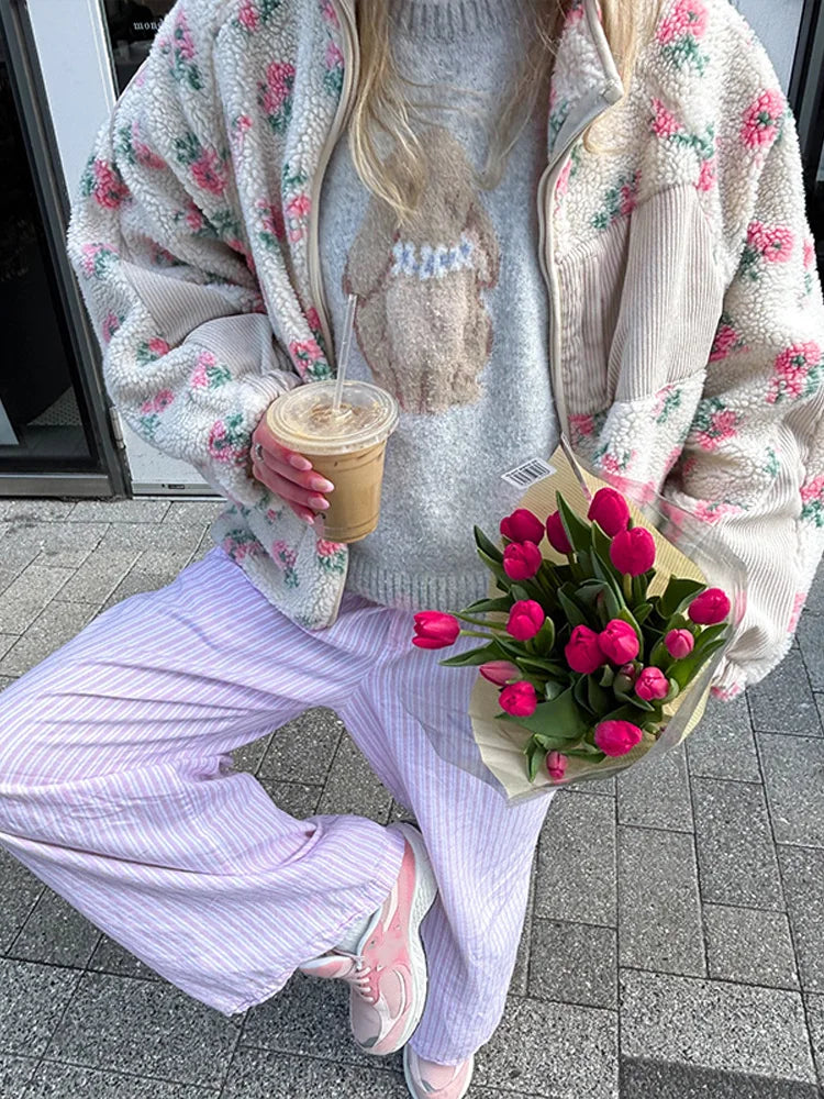Printed Plush Zipper Short Jacket