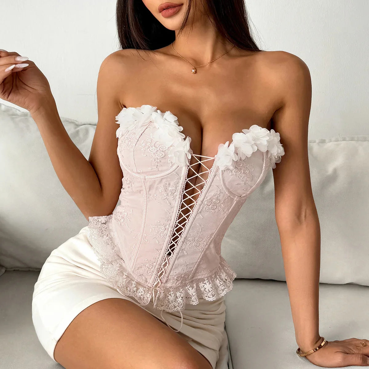 3D Flower Bandeau Cross Tie-up Corset Top