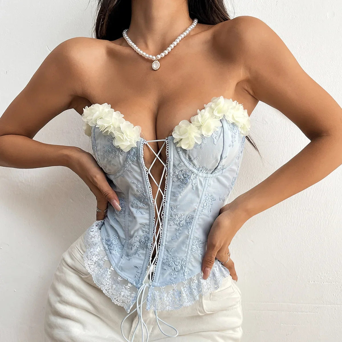 3D Flower Bandeau Cross Tie-up Corset Top