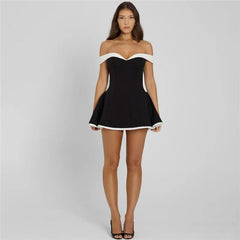 Black Flare White Off-shoulder Mini Dress