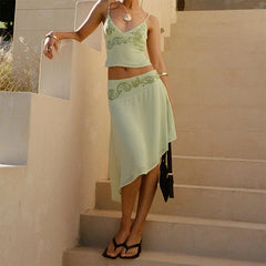 Printed V-Neck Cami & Skirt Set â€?Ruffle Midi Look