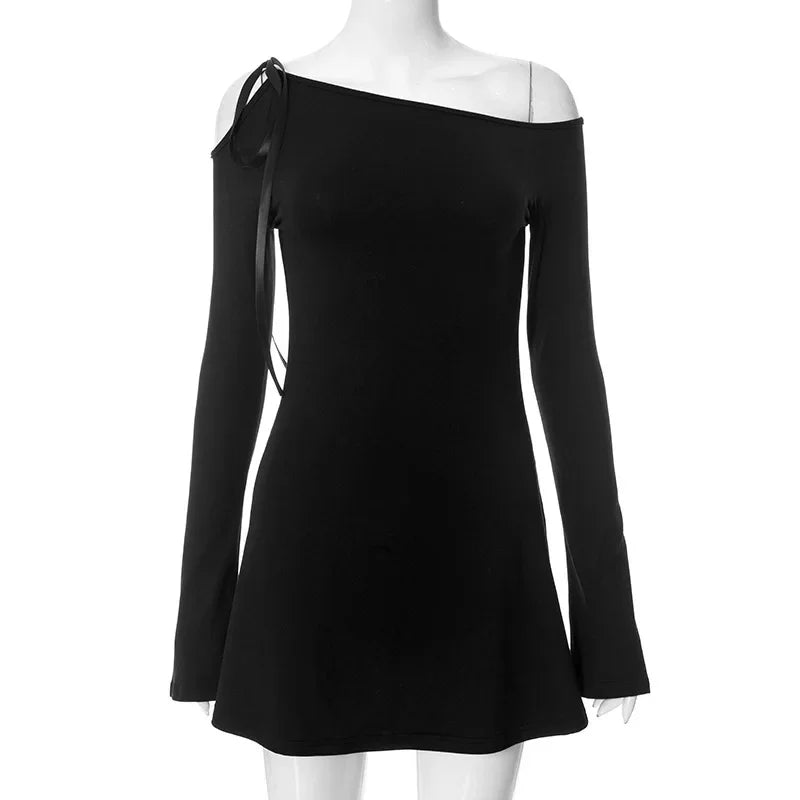 Long Shoulder Tie Up Hollow Out Mini Dress