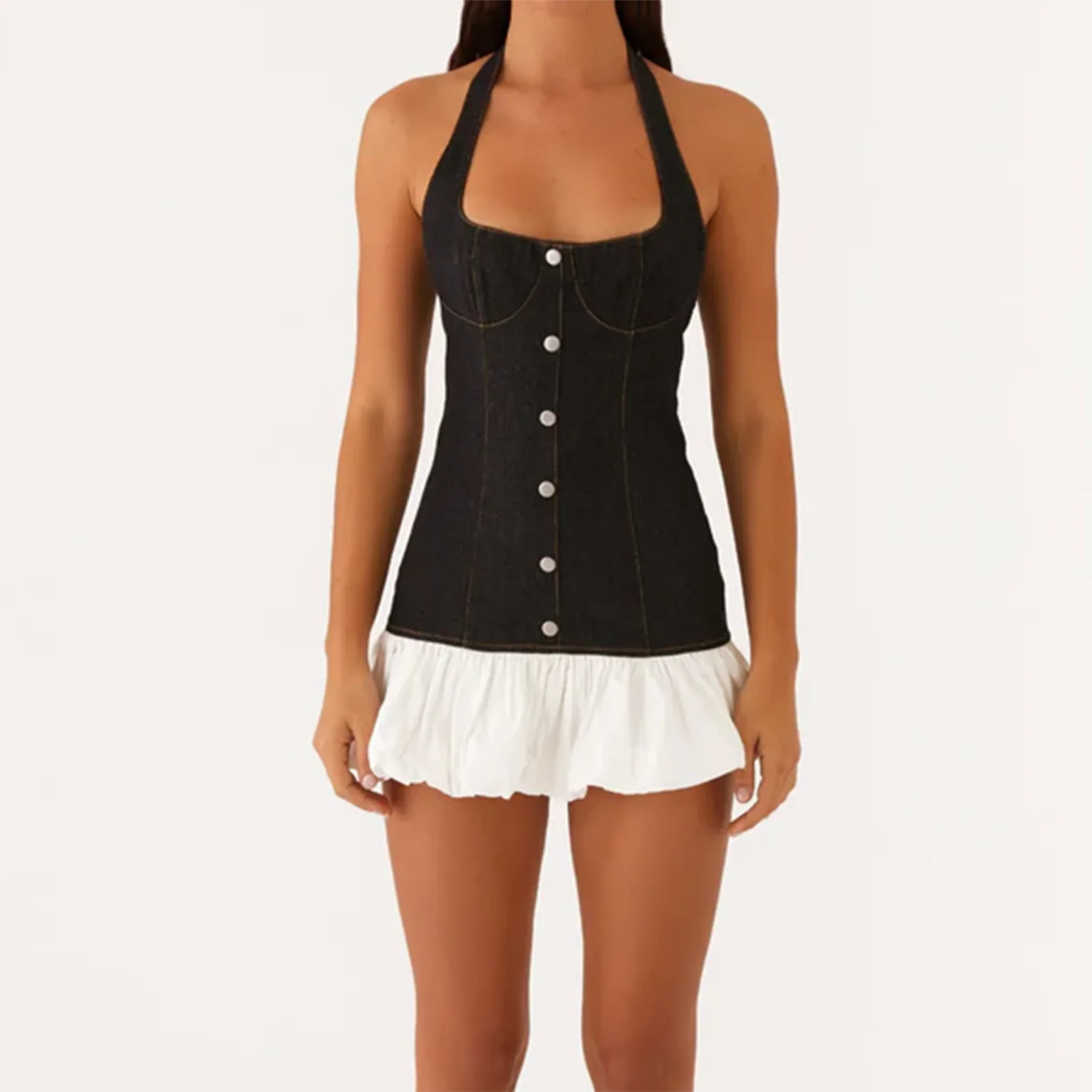 Black Denim Pleated Halter Mini Dress