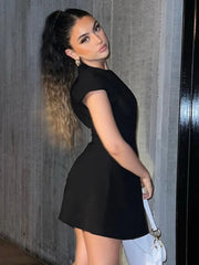 Black Deep Neck Short Sleeve Solid Mini Dress