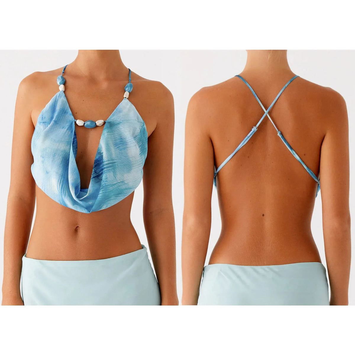 Beading Halter Cowl Neck Cropped Top