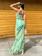 Floral Printed Mesh Bralette Maxi Dress