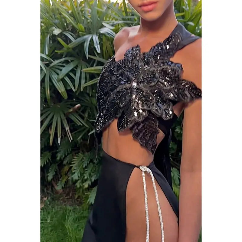 3D Layered Flower Rhinestone Bra Bow Tied  Top
