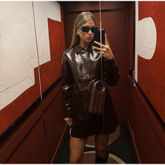 Burgundy Pu Leather Jacket And Mini Skirt