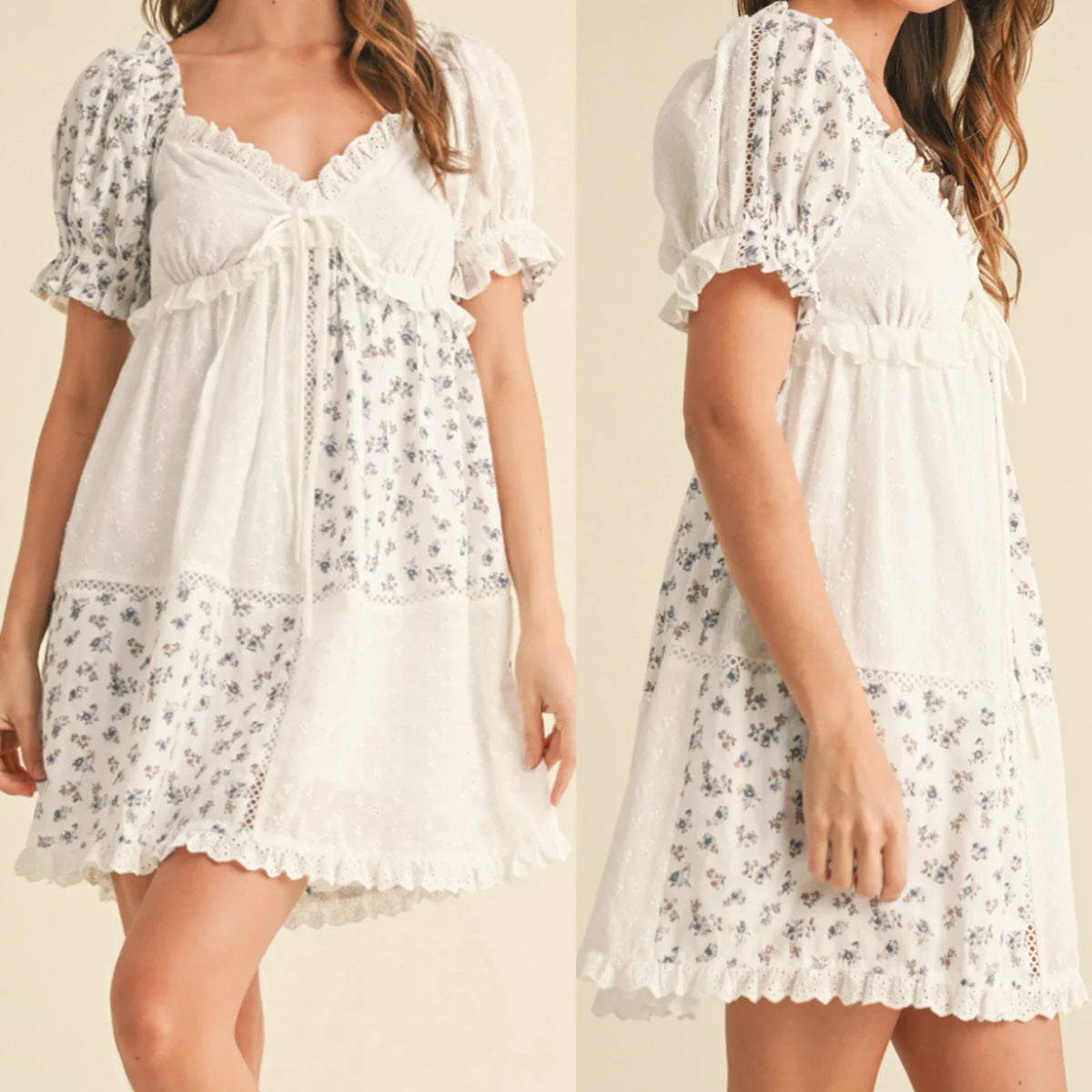 Floral Print Bow Tie Front Puff Sleeve Babydoll Mini Dress