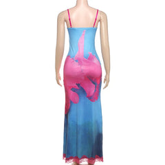 Printed Pink Lace Cami Maxi Dress