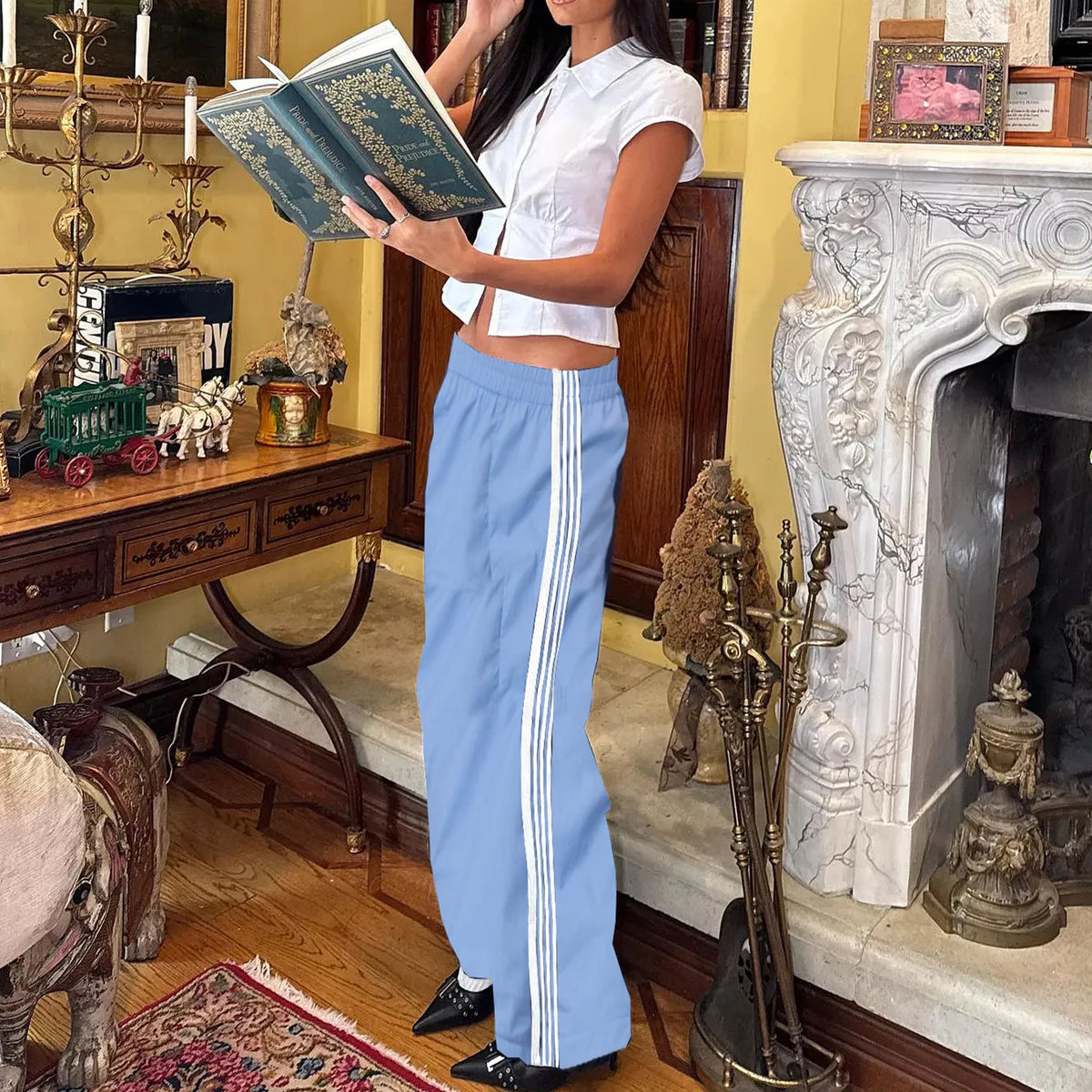 Striped Elastic Waist Wide Leg Track Pants