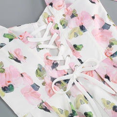Floral Print Tie Up Buster Flare Mesh Midi Dress