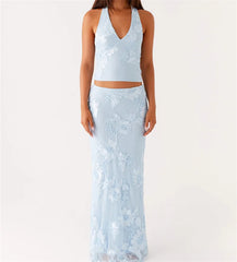 Floral Embroidered Maxi Skirt And Halter Crop Top Set